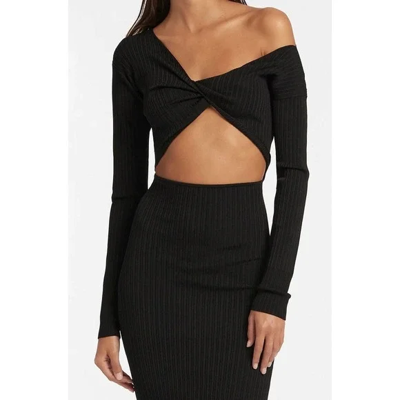 SIR The Label Black Kelvin Off The Shoulder Twisted Cut Out Ribbed Midi 1/S - Picture 4 of 9